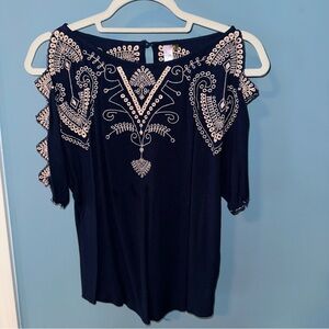 Embroidered Navy and Cream Cold Shoulder Women's Top